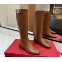 Top Grade Valentino VLogo Type Heel High Boots 3cm in Calfskin Leather Brown VLTN121606 1216048