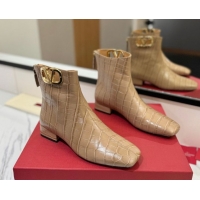 Good Quality Valentino VLogo Type Heel Ankle Boots 3cm in Stone Embossed Leather Beige VLTN121606 1216051