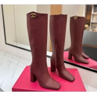 Luxurious Valentino The Bold Edition VLogo Heel High Boots 9cm in Calfskin Leather Dark Burgundy VLTN121607 1216056