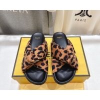 Discount Fendi Feel Flat Slides Sandal in Leopard Print with D-ring Buckle Brown 1216060