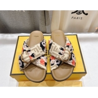 Luxury Fendi Feel Flat Slides Sandal in Printed FF Fabric with D-ring Buckle Beige 1216061