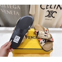 Luxury Fendi Feel Flat Slides Sandal in Printed FF Fabric with D-ring Buckle Beige 1216061