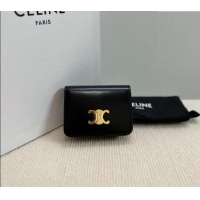 Modern Classic Celine Triomphe Compact Wallet in Shiny Calfskin 10K623 Black 2024