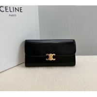 Luxury Classic Celine Triomphe Large Wallet in Shiny Calfskin 10E313 Black 2024