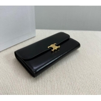 Luxury Classic Celine Triomphe Large Wallet in Shiny Calfskin 10E313 Black 2024