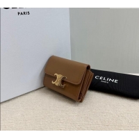 Modern Classic Celine Triomphe Compact Wallet with Coin in Shiny Calfskin 10I653 Brown 2024