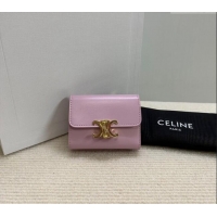 Spot Bulk Celine Triomphe Compact Wallet with Coin in Shiny Calfskin 10I653 Sakura Pink 2024