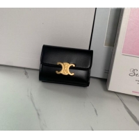 Grade Quality Celine Triomphe Compact Wallet with Coin in Shiny Calfskin 10I653 Black 2024