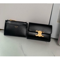 Grade Quality Celine Triomphe Compact Wallet with Coin in Shiny Calfskin 10I653 Black 2024