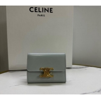 Top Design Celine Triomphe Compact Wallet with Coin in Shiny Calfskin 10I653 Soft Blue 2024