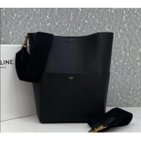 Luxury Discount Celine Seau Sangle Medium Bucket Bag in Supple Grained Calfskin 180543 Black 2024