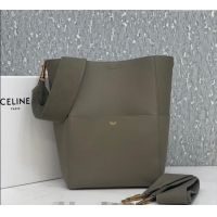 New Cheap Celine Seau Sangle Medium Bucket Bag in Supple Grained Calfskin 180543 Sage Grey 2024