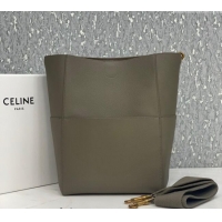New Cheap Celine Seau Sangle Medium Bucket Bag in Supple Grained Calfskin 180543 Sage Grey 2024