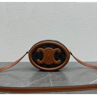 Luxury Cheap Celine TRIOMPHE Oval Bag in Triomphe Canvas and Calfskin 198604 Tan 2024 Top