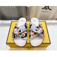 Luxury Cheap Fendi Feel Flat Slides Sandal in Printed FF Fabric with D-ring Buckle White 1216062