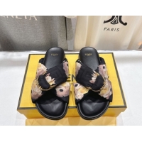 Luxury Fendi Feel Flat Slides Sandal in Printed FF Fabric with D-ring Buckle Black/Multicolor 1216063