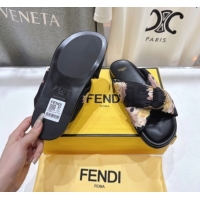 Luxury Fendi Feel Flat Slides Sandal in Printed FF Fabric with D-ring Buckle Black/Multicolor 1216063