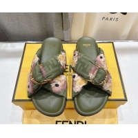 Good Product Fendi Feel Flat Slides Sandal in Printed FF Fabric with D-ring Buckle Green 1216065