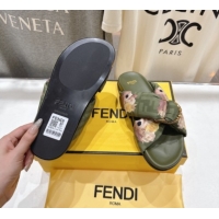 Good Product Fendi Feel Flat Slides Sandal in Printed FF Fabric with D-ring Buckle Green 1216065