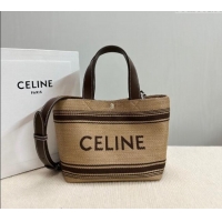 Luxury Cheap Celine Mini Cabas Tote Bag in Textile with Raffia Efeect and Calfskin 116992 Khaki/Brown 2024