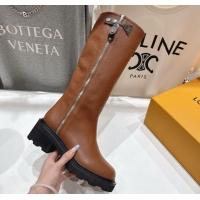 Top Grade Louis Vuitton LV Beaubourg Flat High Boots in Grained Leather with Zip 1AICEH Brown 1021089
