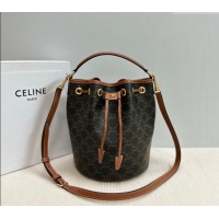 New Cheap Celine Clara Bucket bag in Triomphe Canvas and Calfskin 116882 Brown 2024