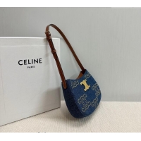 Discount Celine Medium Tilly Hobo Bag with Triomphe Studs in Blue Denim Calfskin 115702 2024