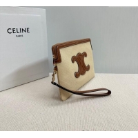New Cheap Celine Small Pouch with Strap in Textile and Calfskin 10J502 Beige 2024