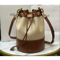 Good Quality Celine Bucket Bag in Linen and Calfskin 113082 Brown 2025