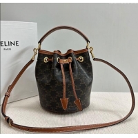 New Cheap Celine Teen Clara Bucket Bag in Triomphe Canvas and Calfskin 121672 Brown 2025