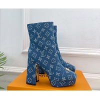 Best Grade Louis Vuitton Swing Heel Platform Ankle Boots 11cm in Monogram Denim Blue 1AID09 51021120