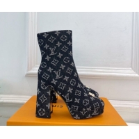 Luxurious Louis Vuitton Swing Heel Platform Ankle Boots 11cm in Monogram Denim Black 1AID09 1021121