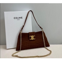 Luxury Cheap Celine Triomphe Chain Bag in Crocodile Embossed Suede 113673 Brown 2025