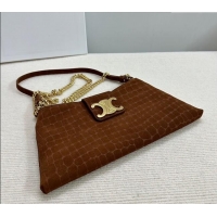 Luxury Cheap Celine Triomphe Chain Bag in Crocodile Embossed Suede 113673 Brown 2025