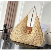 Good Quality Celine Classic Panier Cabas Triangle bag in Raffia Straw and Calfskin 119772 Beige 2025