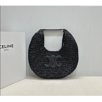 Original Cheap Celine Classic Panier Hobo bag in Raffia Straw and Calfskin 112772 Black 2025