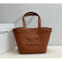 Luxury Cheap Celine Small Cabas Anais Cuir Triomphe Tote Bag in Grained Calfskin 118233 Tan Brown 2025