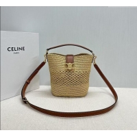 Latest Style Celine Small Louise Bucket bag in Raffia Straw and Calfskin 119742 Beige 2025