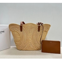 Top Quality Celine Classic Panier Medium Braided Basket bag Triomphe in Raffia Straw and Calfskin 116982 Beige 2025