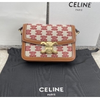 Top Grade Celine Teen Triomphe Bag in Triomphe Embroidery Canvas & Calfskin 188423 Brown/Red 2025