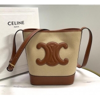 Top Design Celine Small Bucket Cuir Triomphe Bag in Textile and Calfskin 198242 Beige/Brown 2025