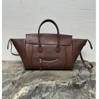 Super Quality Celine Medium New Luggage Top Handle Bag in Supple Shiny Lambskin Leather 123693 Dark Brown 2025