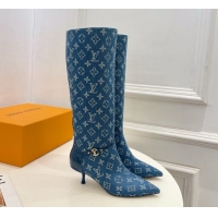 Classic Hot Louis Vuitton 6AM Heel High Boots 5.5cm in Monogram Denim with Back Strap Blue 1AIUOR 1021142