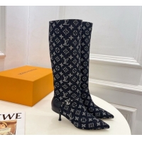 Good Looking Louis Vuitton 6AM Heel High Boots 5.5cm in Monogram Denim with Back Strap Black 1AIUOR 1021144