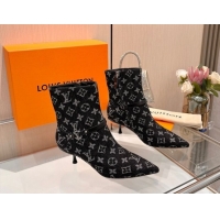 Luxurious Louis Vuitton 6AM Heel Ankle Boots 5.5cm in Monogram Denim with Back Strap Black 1AIUOR 1021156
