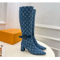 Good Quality Louis Vuitton Heel High Boots 5cm in Monogram Denim with Buckle Strap Blue LV102201 1022002