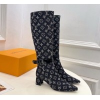 Pretty Style Louis Vuitton Heel High Boots 5cm in Monogram Denim with Buckle Strap Black LV102201 1022003