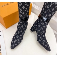 Pretty Style Louis Vuitton Heel High Boots 5cm in Monogram Denim with Buckle Strap Black LV102201 1022003