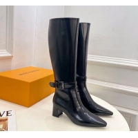 Shop Duplicate Louis Vuitton Heel High Boots 5cm in Patent Leather with Buckle Strap Black LV102201 1022004