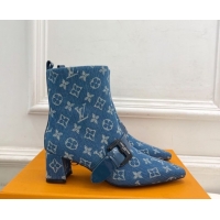 Best Grade Louis Vuitton Fusee Heel Ankle Boots 5cm in Monogram Denim with Buckle Strap Blue 1022011